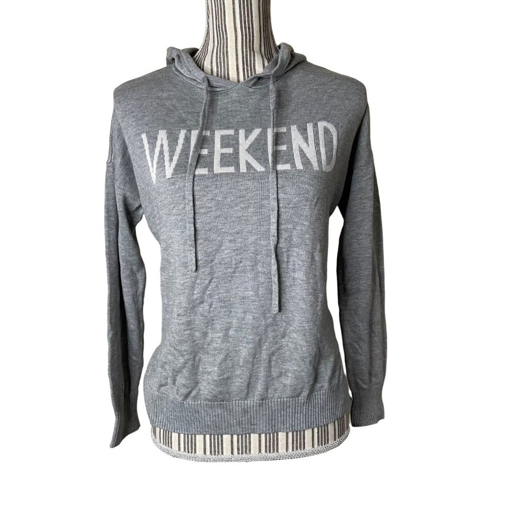 Rachel Zoe WEEKEND Graphic Hooded Soft Lightweight Sweater Knit Gray Size S
